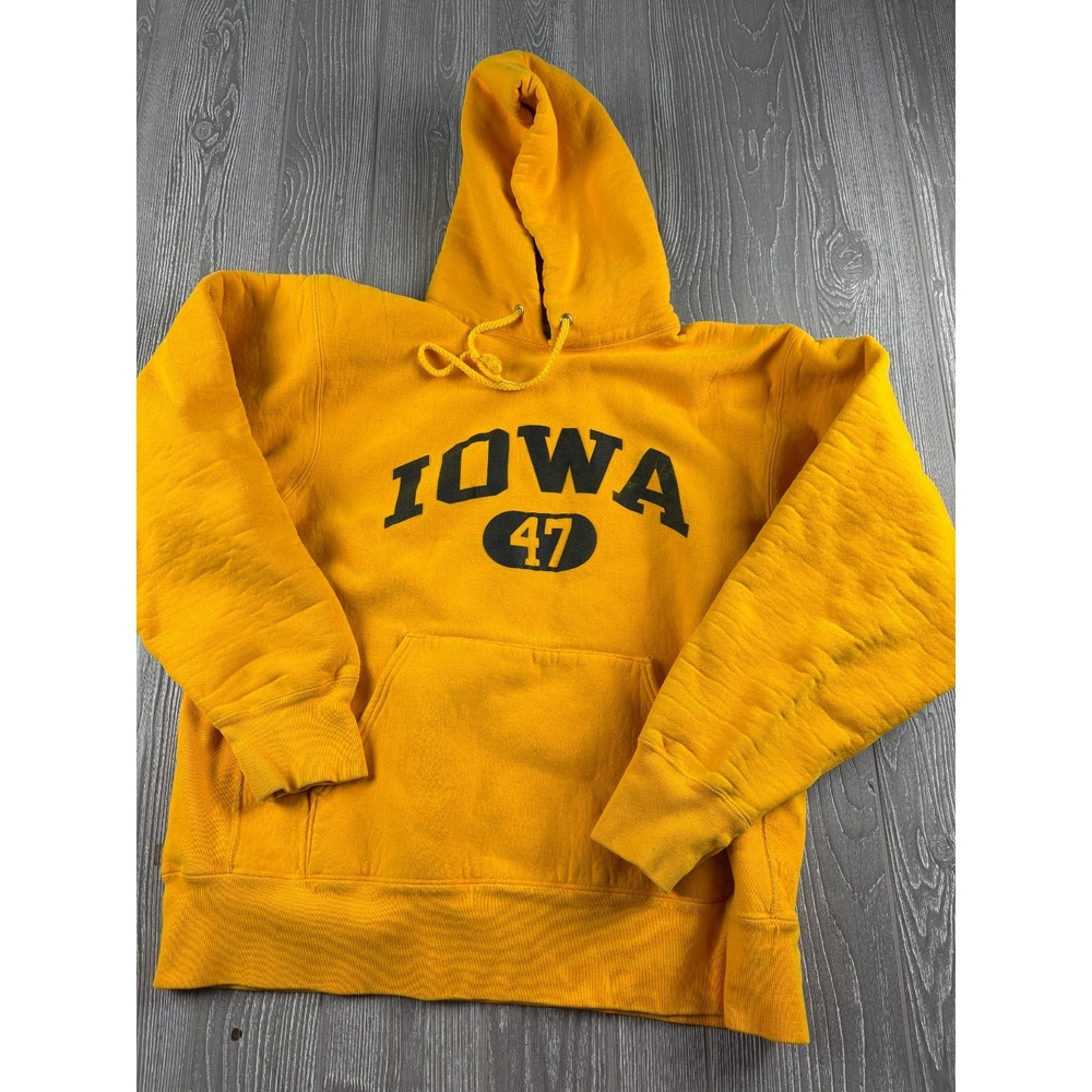 VTG IOWA 47 Yellow Hoodie Heavy Unisex Size XL The Cotton Exchange USA Made
